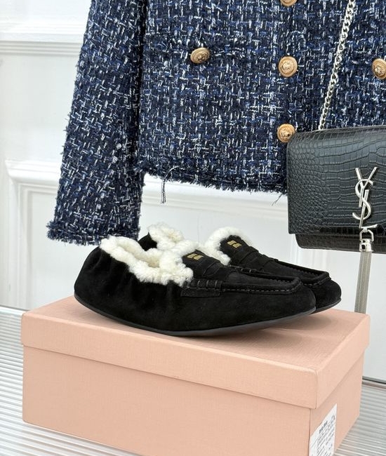 Miu Miu Furry Leather Loafers Warm Soft Daily Comfortable Casual Shoes