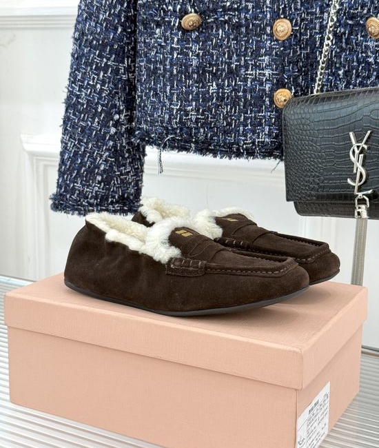 Miu Miu Furry Leather Loafers Warm Soft Daily Comfortable Casual Shoes