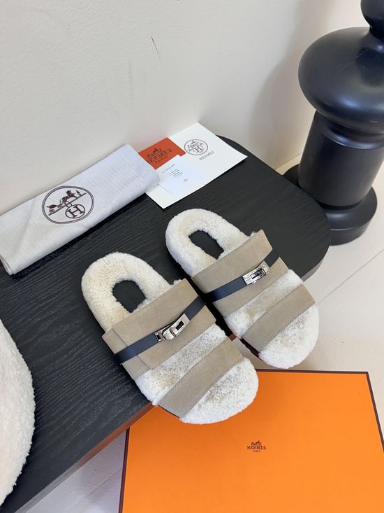 Hermes Fleece Lined Slip On Suede Upper Mule Slippers