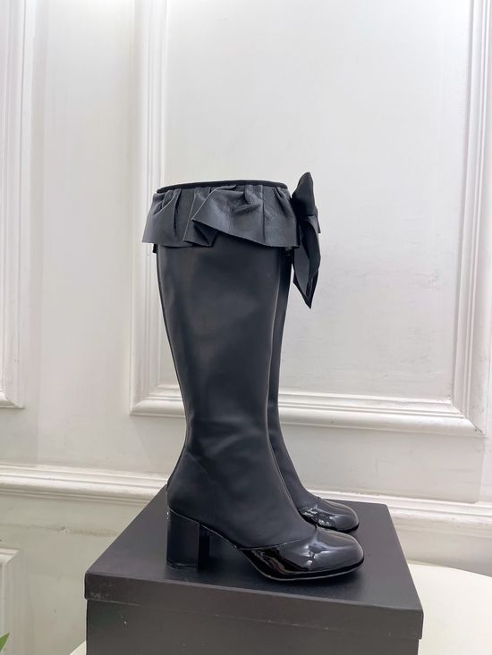 Chanel Bow Decor Ruched Stretch Lambskin Tall Boots