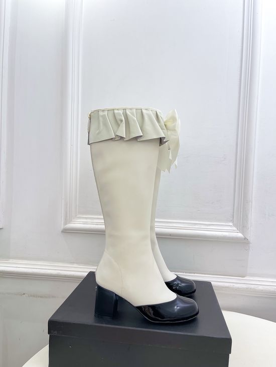 Chanel Bow Decor Ruched Stretch Lambskin Tall Boots