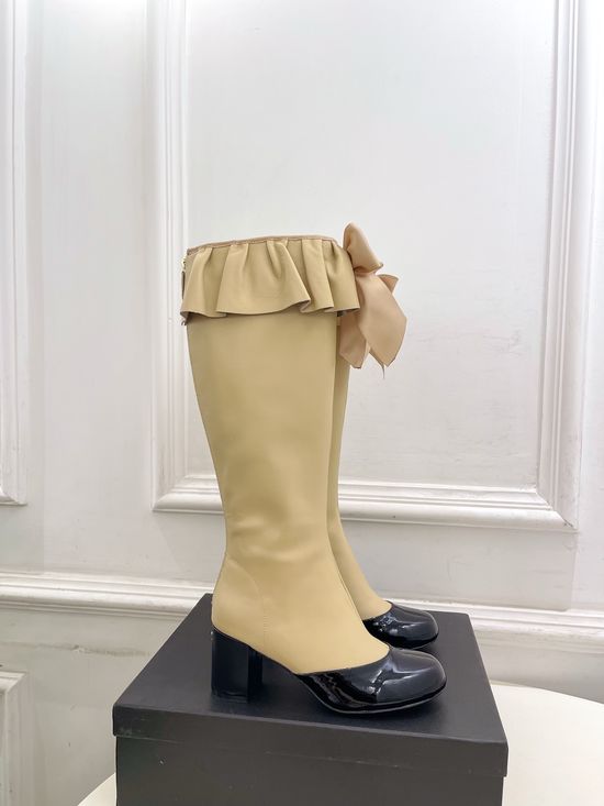 Chanel Bow Decor Ruched Stretch Lambskin Tall Boots