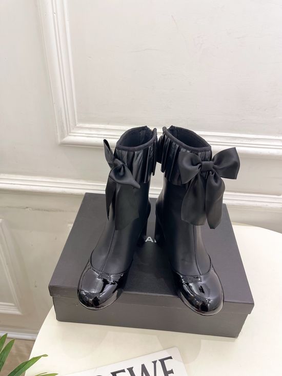 Chanel Bow Decor Ruched Stretch Lambskin Ankle Boots
