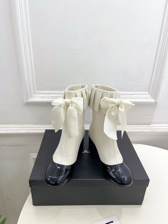 Chanel Bow Decor Ruched Stretch Lambskin Ankle Boots