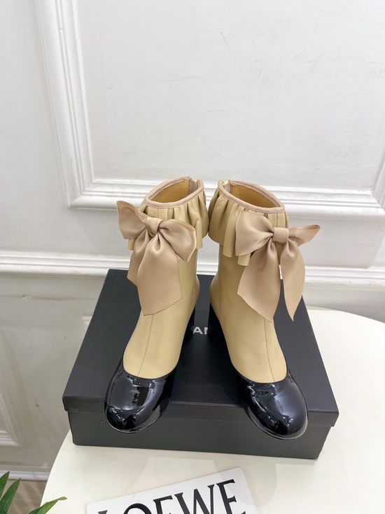 Chanel Bow Decor Ruched Stretch Lambskin Ankle Boots