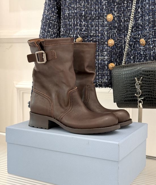 Prada Buckle Decor Leather Vintage Boots Premium Quality