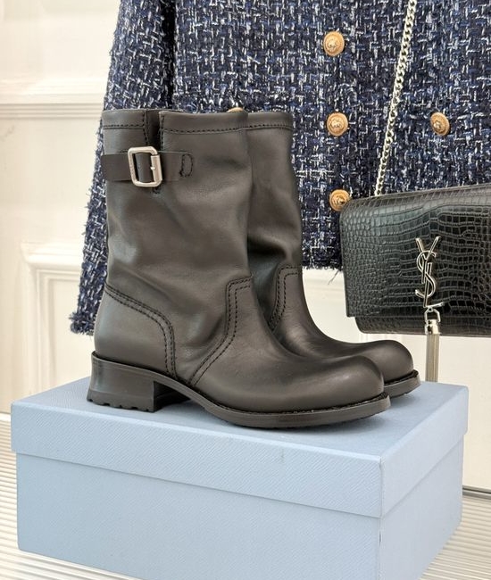 Prada Buckle Decor Leather Vintage Boots Premium Quality