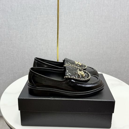 Chanel Chain Buckle Leather Loafers with Genuine Sole