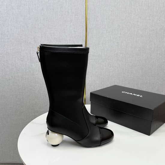 Chanel Pearl Heel Stretchy Knee High Boots Elegant Fashion Footwear