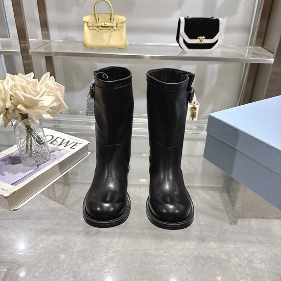 Prada Chunky Heel Leather Knight Boots Non Slip Sole