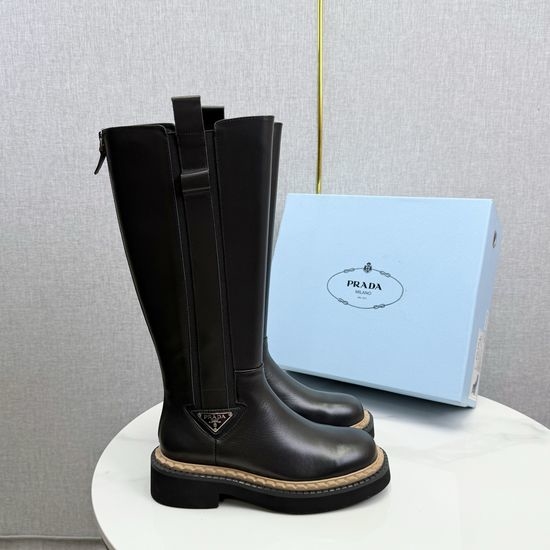 Prada Top Quality Cowhide Tall Biker Boots Sheepskin Lining
