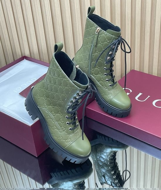 Gucci Embossed Leather Lace-Up Platform Ankle Boots Non-slip Sole