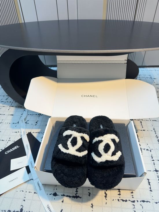Chanel Soft Furry Slip On Slippers Warm Non Slip Sole