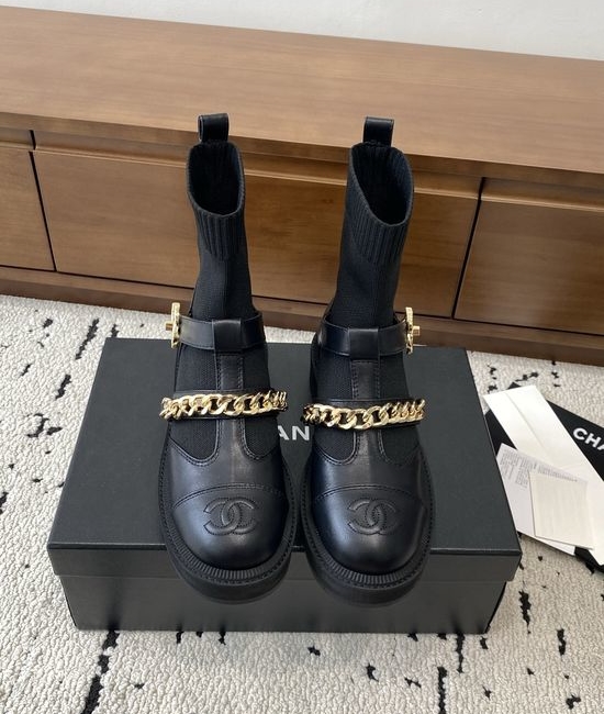 Chanel Stretchy Leather Ankle Boots with Chain and Classic Buckle Details