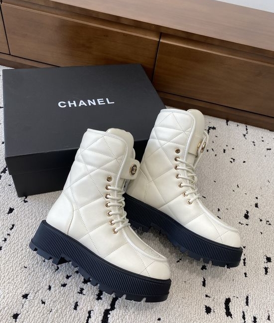 Chanel Quilted Genuine Leather Platform Ankle Boots With Lace Up