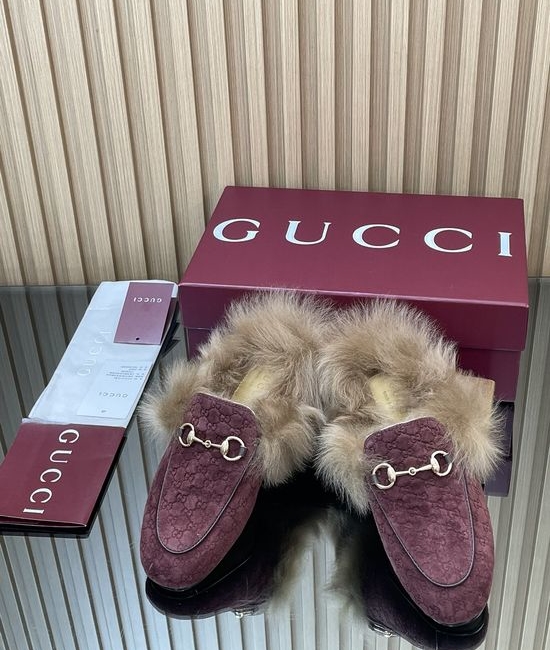 Gucci Embossed Suede Fur Lined Loafer Mules with Horsebit