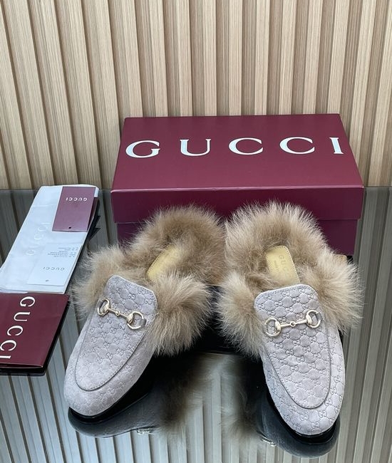 Gucci Embossed Suede Fur Lined Loafer Mules with Horsebit
