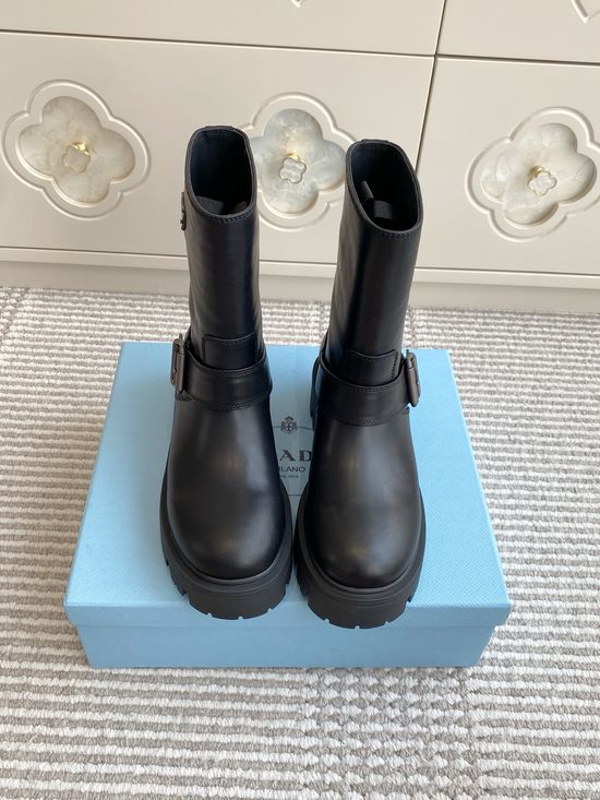 Prada Leather Biker Ankle Boots with Buckle and Rubber Sole