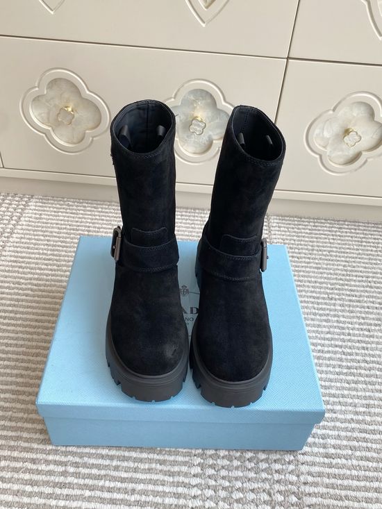 Prada Leather Biker Ankle Boots with Buckle and Rubber Sole