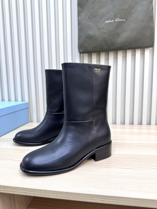 Prada Embossed Logo Leather Mid Calf Boots Comfortable Sole