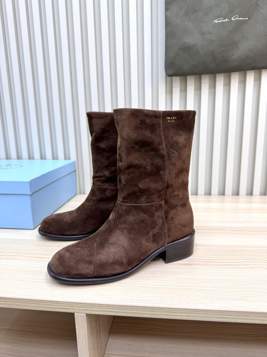 Prada Embossed Logo Leather Mid Calf Boots Comfortable Sole