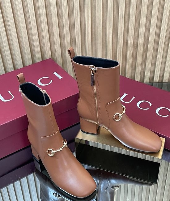 Gucci Horsebit Decor Leather Ankle Boots Square Toe Block Heel