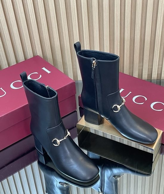 Gucci Horsebit Decor Leather Ankle Boots Square Toe Block Heel