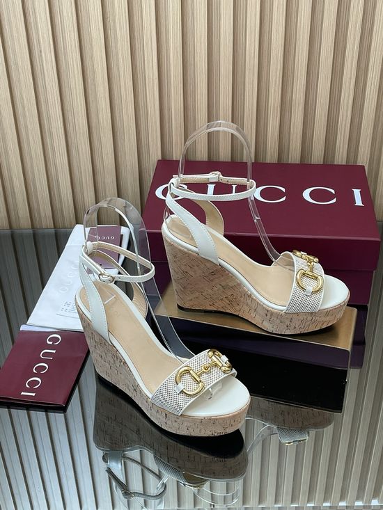 Gucci Horsebit Wood Grain Platform Peep Toe Wedge Sandals