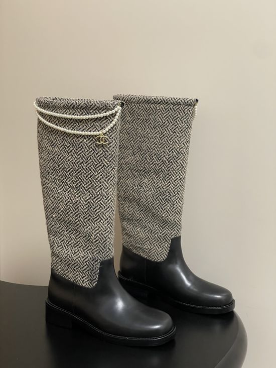 Chanel Chain Decor Leather Knee High Riding Boots