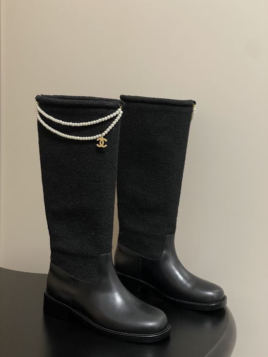 Chanel Chain Decor Leather Knee High Riding Boots