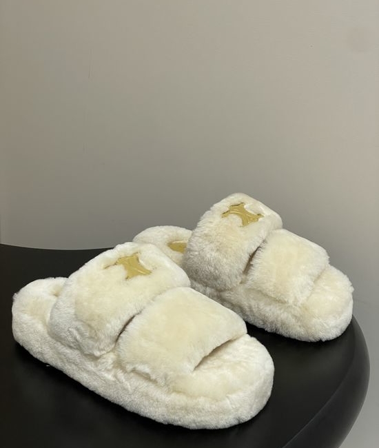 Celine Thick-Soled Wool Slip-On Slippers with Durable Rubber Base