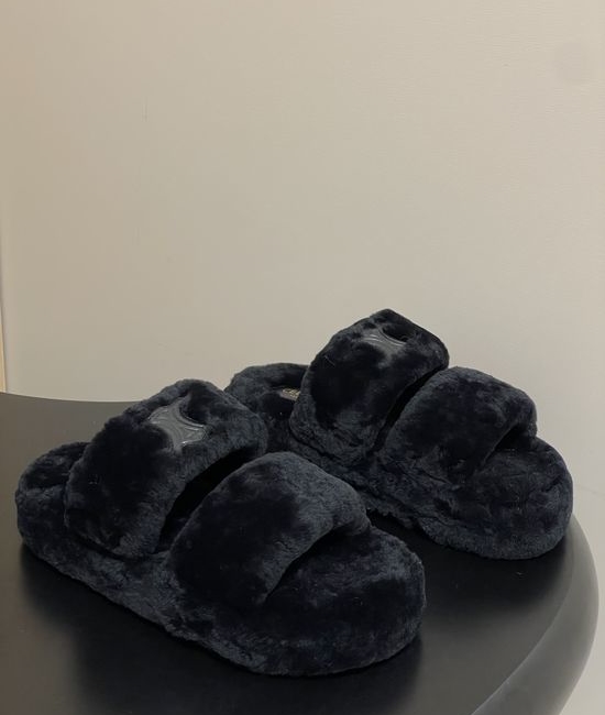 Celine Thick-Soled Wool Slip-On Slippers with Durable Rubber Base
