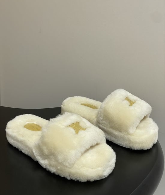 Celine Thick-Soled Wool Slip-On Slippers with Durable Rubber Base