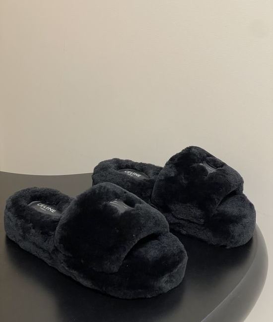 Celine Thick-Soled Wool Slip-On Slippers with Durable Rubber Base