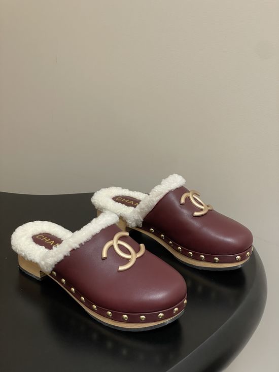 Chanel Leather Upper Wool Lined Platform Clog Slippers