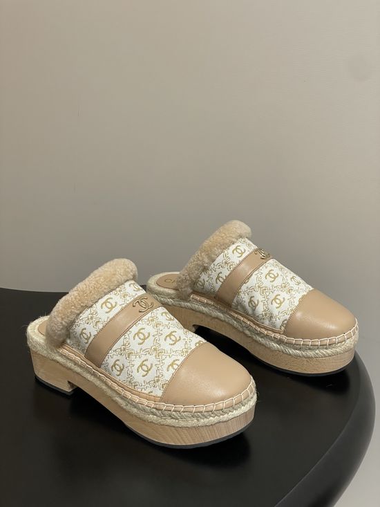Chanel Wool Fabric Stitched Wool Lined Platform Clog Slippers
