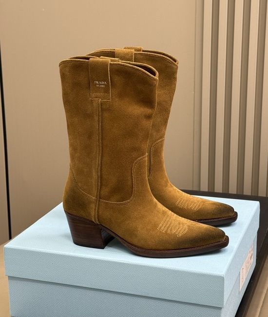 Prada Vintage Style Leather Western Boots Durable Casual Footwear