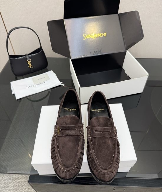 Yves Saint Laurent YSL Classic Small Logo Loafer Shoes Almond Toe Leather Footwear