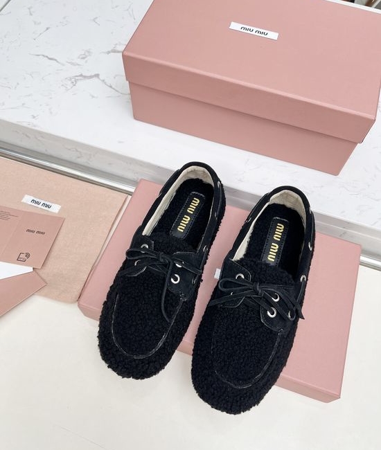 Miu Miu Fuzzy Loafer Shoes Soft Rubber Sole Bow Decor Easy Slip On