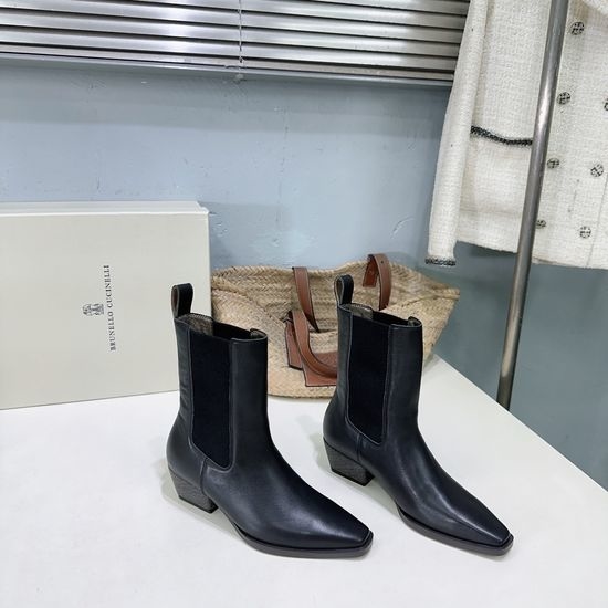 Brunello Cucinelli Genuine Leather Chunky Heel Elastic Chelsea Ankle Boots