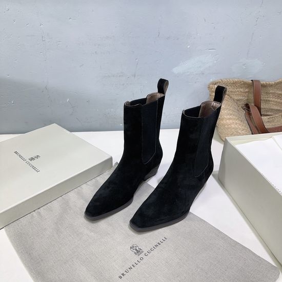 Brunello Cucinelli Genuine Leather Chunky Heel Elastic Chelsea Ankle Boots