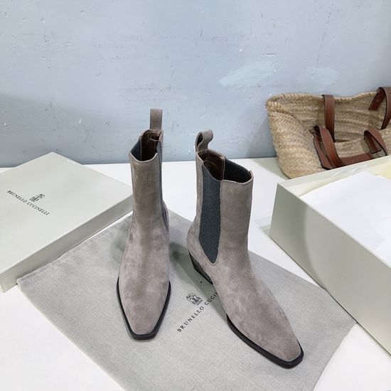 Brunello Cucinelli Genuine Leather Chunky Heel Elastic Chelsea Ankle Boots