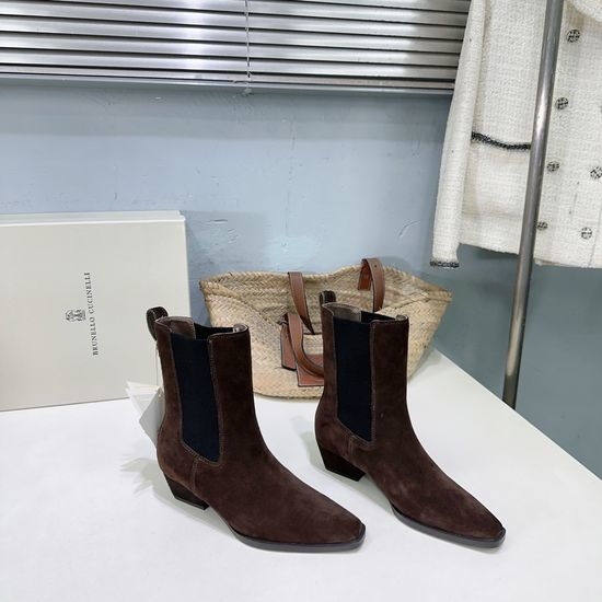 Brunello Cucinelli Square Toe Block Heel Elastic Chelsea Ankle Boots