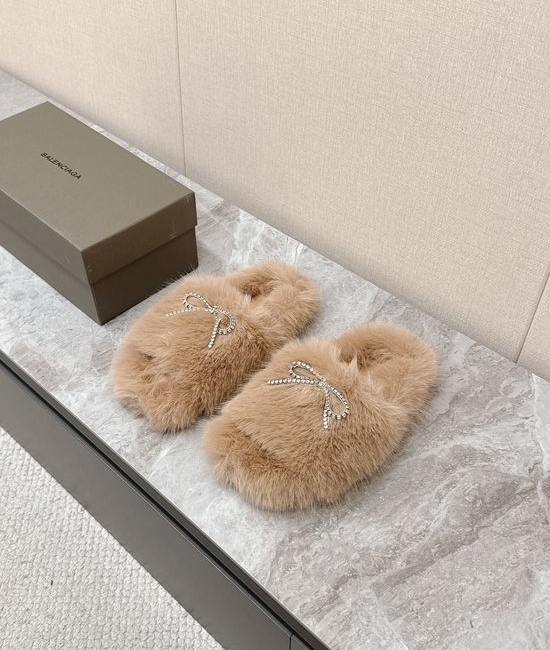 Balenciaga Faux Fur Slip On Slippers with Bow Decor