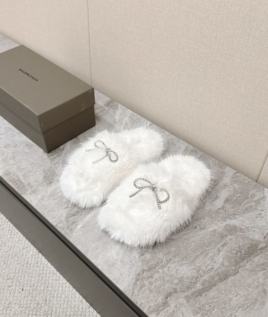 Balenciaga Faux Fur Slip On Slippers with Bow Decor