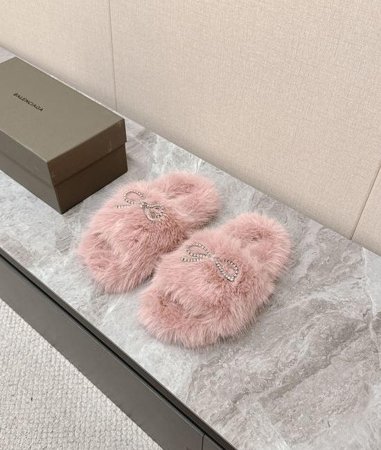 Balenciaga Faux Fur Slip On Slippers with Bow Decor