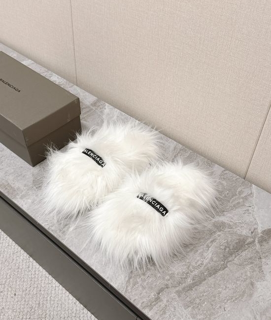 Balenciaga Faux Fur Slip On Slippers with Bow Decor
