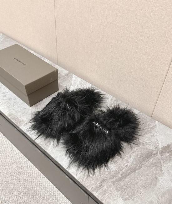 Balenciaga Faux Fur Slip On Slippers with Bow Decor