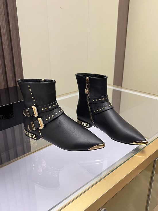 Versace Metal Accent Flat Leather Ankle Boots
