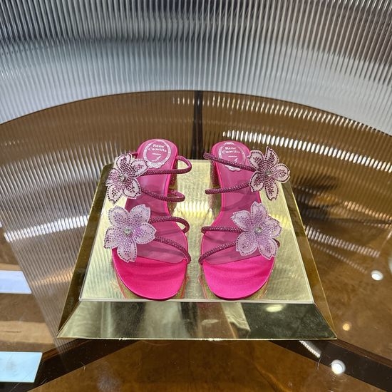 Rene Caovilla Chic Diamond Flower Mid-Heel Mule Sandals